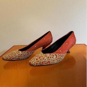 Vintage Christian Lacroix prêt-à-porter heels burnt orange suede ornate gold